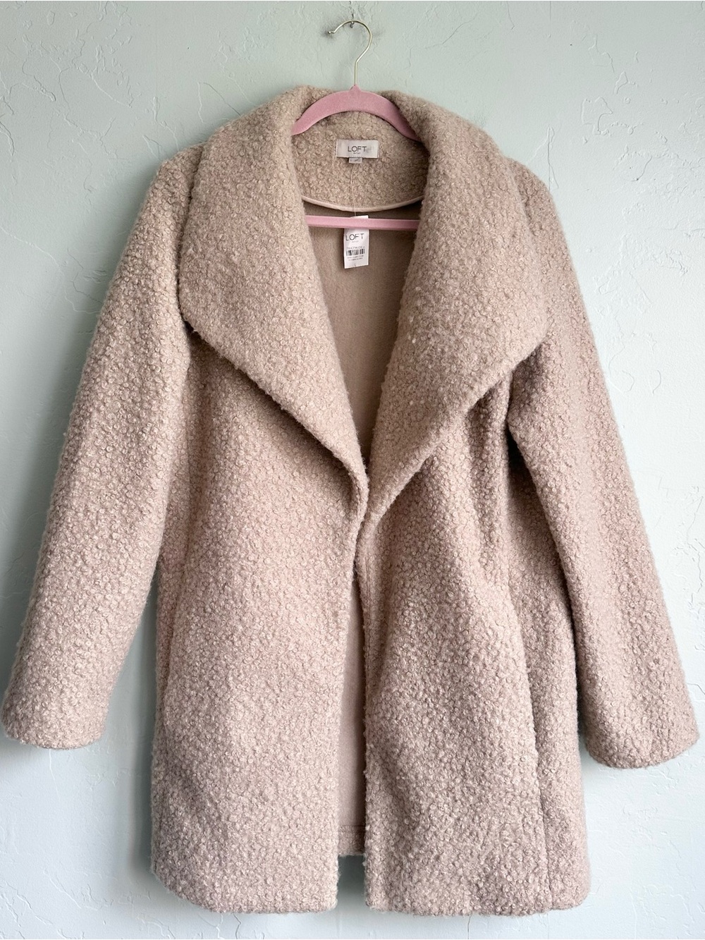 NWT LOFT Women's Beige Teddy Bouclé Coat Large Fall Minimalist Quiet Luxury